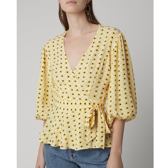 Ganni Floral Crepe Wrap Top Maize G32 - Picture 2 of 10